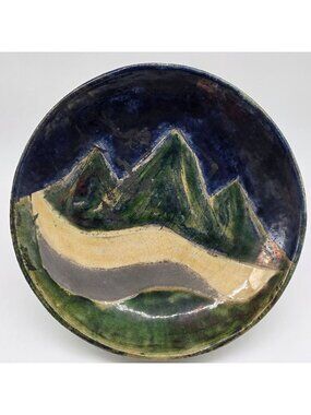 Raku Ceramic Decorative Plate Mountain Landscape Design 11" Blue Green Beige